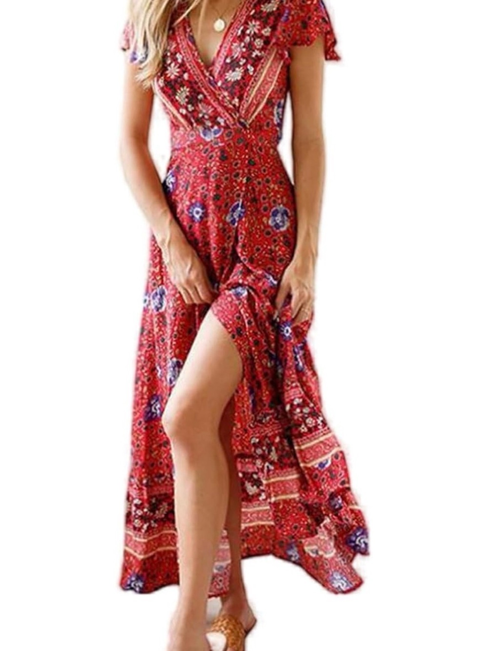 Zesica Red Floral Wrap Maxi Dress with V-Neck and Side Slit